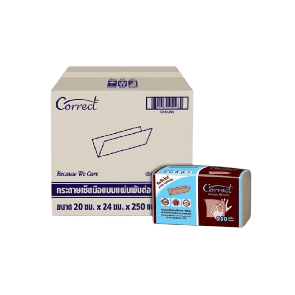 กระดาษเช็ดมือ CORRECT ชนิดแผ่น หนา 2 ชั้น สีน้ำตาล บรรจุ 250 แผ่น/ห่อ X 24 ห่อ (ยกลัง)_1